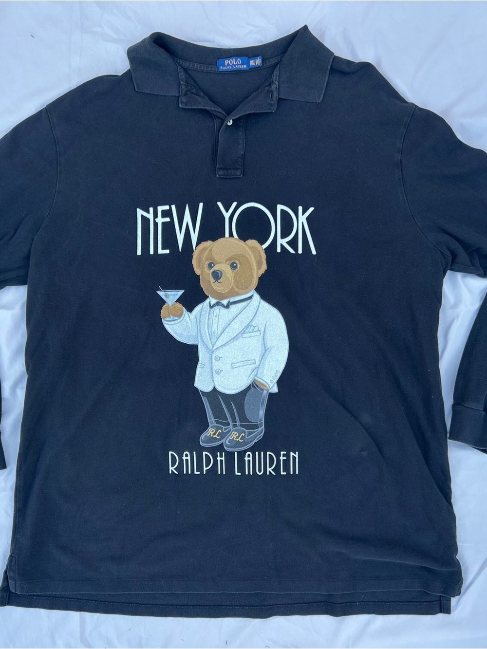 Ralph Lauren Black Polo Bear New York Graphic Long Sleeve Polo